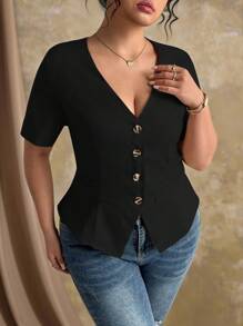 Roveilla Áo kiểu nữ cỡ lớn cổ chữ V tay ngắn mùa hè kiểu Pháp, áo nữ mùa hè, áo công sở, áo kiểu nữ. - màu đen - Xem 4
