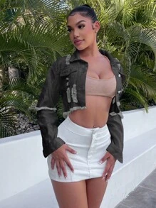 SHEIN SXY 女式长袖单排扣磨边短款牛仔夹克 - 淺灰色 - 查看 4