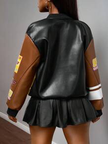 Slaydiva Áo khoác bóng chày phong cách Punk dạo phố hàng ngày, câu lạc bộ đêm, phong cách đầu thu mới 2025, logo họa tiết cổ điển, vai trễ, tay dài, dáng rộng, màu nâu đen và vàng, in họa tiết PU cho nữ - A - Nhiều màu - Xem 9