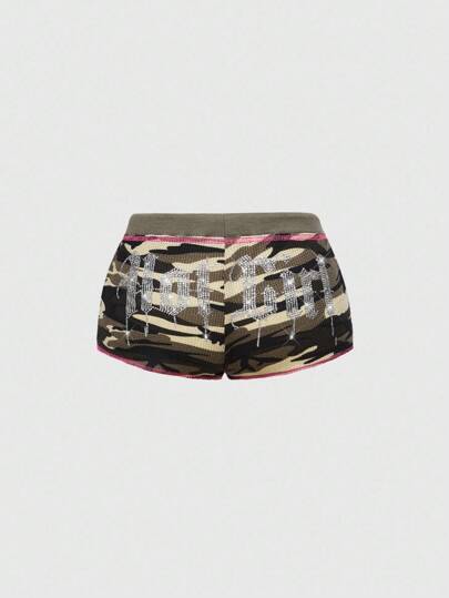 J-Fashion Y2K Rhinestone Embellished Low Waist Ultra-Short Camouflage & Pistol Print Women Shorts