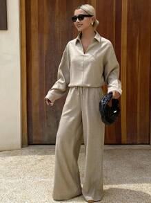 DAZY Conjunto de 2 piezas de top casual de manga larga con cuello en V y pantalones de ajuste holgado para mujer, otoño e invierno