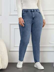 EURMUSE 97% Cotton Plus High Waist Mom Fit Jeans - Dusty Blue - View 1