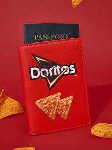 Doritos X SHEIN 1 件 PU 皮革玉米片印花护照夹，可放置护照、登机牌，包含 2 个卡槽，适合男士、女士、青少年、旅行 - 紅色 - 查看 2