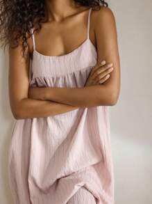 Ocili 休闲女士舒适天然亚麻条纹吊带睡袍娃娃装家居服节日季连衣裙