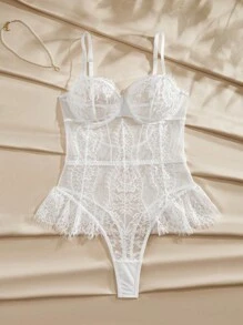 Charlaine Elegant French Lace Eyelash Cutout Waist Slimming Sexy Bodysuit For Women Wedding Bridal Lingerie, Going Out - White - View 6