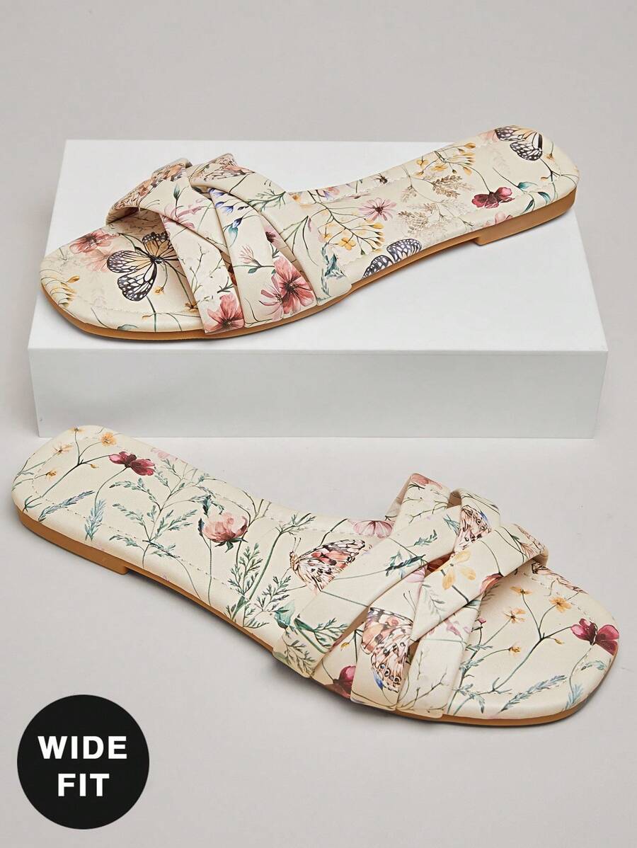 SHUZIA Women's Wide-Fit Fashion Casual Comfy Floral Print Slip-On Flat Sandals