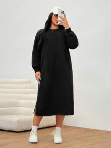 Solflare 大码女式纯色圆领长袖休闲运动衫连衣裙，秋冬 - 黑色 - 查看 4