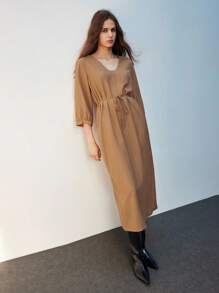Maija Đầm dài tay lửng cổ chữ U màu nâu thoải mái cho nữ, đơn giản, thời trang, phù hợp mặc hàng ngày, đi làm, có thắt lưng, thích hợp cho mùa hè và mùa thu - Màu vàng - Xem 9