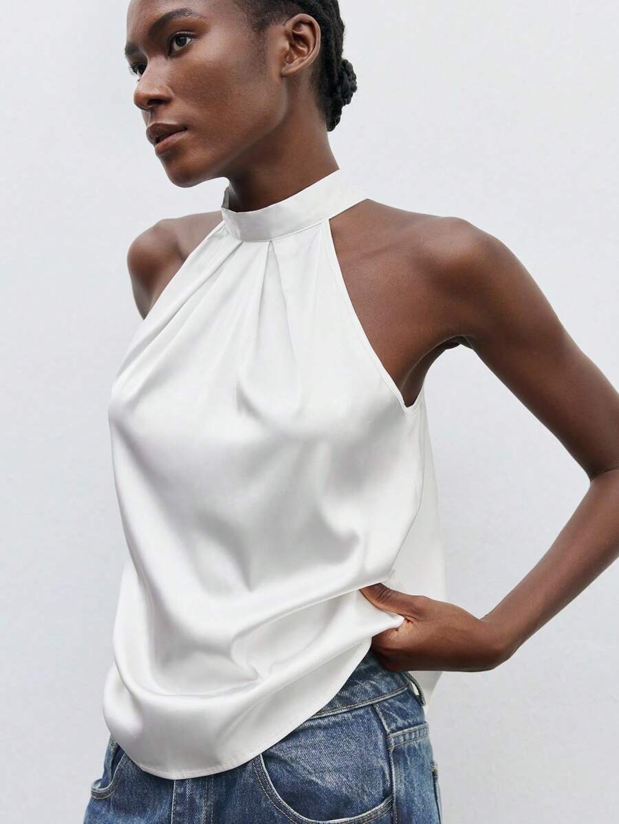 Maija 素色後綁帶掛脖上衣工作服 - 白色 - 查看 1