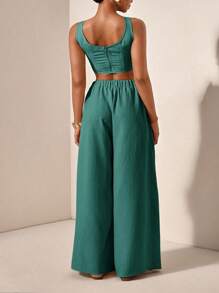 Slaydiva Bộ đồ 2 mảnh quần ống rộng màu kaki dáng xương cá, có túi, chất liệu vải dệt họa tiết, dành cho nữ cỡ lớn, thích hợp cho kỳ nghỉ xuân/hè. - màu xanh lá - Xem 2