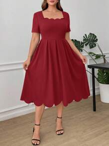 Ellevyn 加大码优雅女士连衣裙，方形领口，贝壳边，纯色 - 酒紅色 - 查看 3