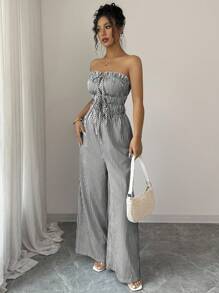 Elenzga 女式夏季休闲条纹抹胸连体裤 - 随机花卉图案 - 黑與白 - 查看 3