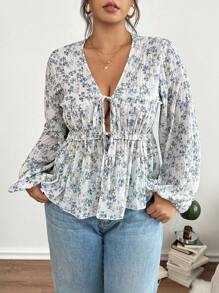 Lounesse 大码女式 V 领带设计碎花长袖衬衫，百搭日常穿着，蓝色碎花衬衫 - 彩色 - 查看 4