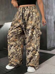 SHEIN EZwear Spodnie dresowe w stylu vintage streetwear z nadrukiem opadłych liści, sznurowane, w dużych rozmiarach - Wielokolorowe - Zobacz 3