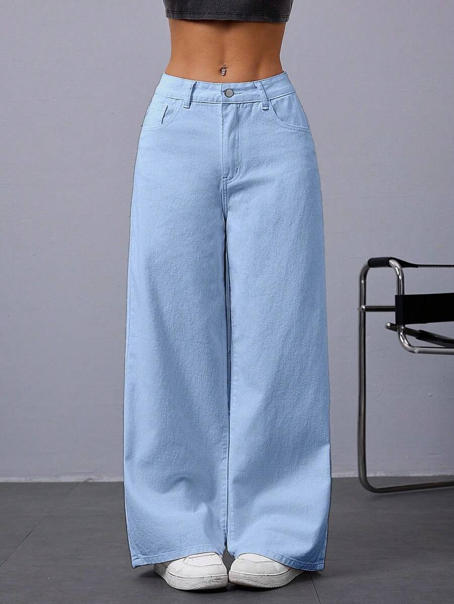 Jeanoix 高腰闊腿牛仔褲 - 淺色水洗藍 - 查看 1