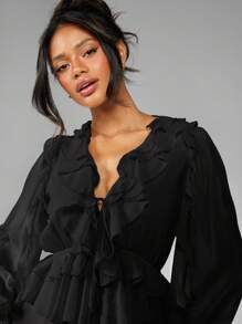 MISSGUIDED Chiffon Mini Dress With Balloon Sleeves Ruffle Layered Tiered Skirt Victorian Style Fall Winter Party Occasion Wear - Black - View 4