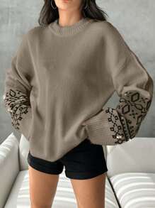EURMUSE Women Geometric Print Crew Neck Long Sleeve Sweater - Mocha Brown - View 5
