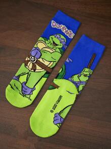 TEENAGE MUTANT NINJA TURTLES | SHEIN 4 双棉质柔软透气吸湿排汗儿童中筒袜绿色和蓝色可爱卡通图案中筒袜，加固脚趾和脚跟，经久耐用，男女通用，适合所有季节，百搭，适合学校和户外 - 彩色 - 查看 13