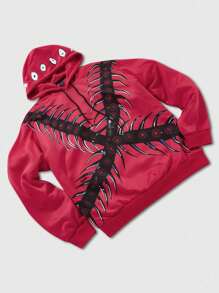 ROMWE MEN Anime Unisex Hooded Sweatshirt With American Street Dark Graphic Print - Red - View 3