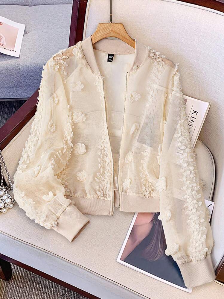 GlowEve CURVE Plus Size Women's Solid Color Jacquard Sheer Long Sleeve Open Front Elegant Casual Regular Zip-Up Lightweight Jacket Fall Winter Cloth For Women Autumn - Apricot - View 3