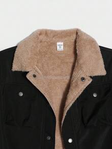 SHEIN 青少年男孩黑色 Sherpa 衬里工装夹克，休闲学院风，舒适实用，百搭柔软面料，适合日常穿着、上学、郊游、户外活动 - 黑色 - 查看 5