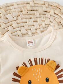 Cozy Pixies 2 件套男婴卡通狮子针织柔软圆领短袖上衣和彩色条纹松紧腰裤套装 - 杏色 - 查看 6