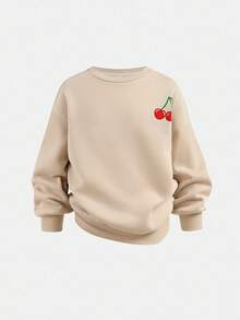 SHEIN Leap Crew 青少年女孩休闲秋冬长袖米色樱花花卉印花上衣和樱桃印花裤套装 - 米色 - 查看 6
