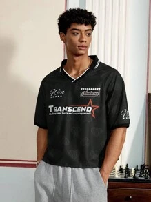 SWAVVY 男士休闲标语印花短袖 Polo 衫，夏季 - 黑色 - 查看 4