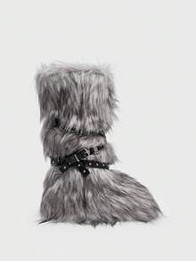 Sugerpunk 2025 New Mid-Calf Women Snow Boots, Cross Rivet Furry Boots, Slim & Warm For Christmas - Grey - View 3