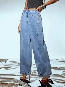 Denimoi Upside Down Pocket Hem Baggy Fit Wide Leg Denim Jeans - Medium Wash - View 2