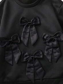 SHEIN Tween Girls Casual All-Match Daily Wear Sweet Bow Decor Round Neck Sweatshirt - Black - View 7