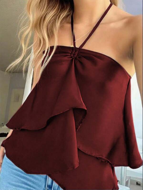 Jouncy Women's Casual Solid Color Backless Halter Top, Summer