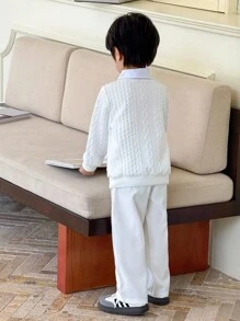 Genkimix Kids Bộ quần dài 2 trong 1 dệt kim cổ chữ V cho bé trai, phong cách Hàn Quốc, thường ngày - trắng - Xem 2