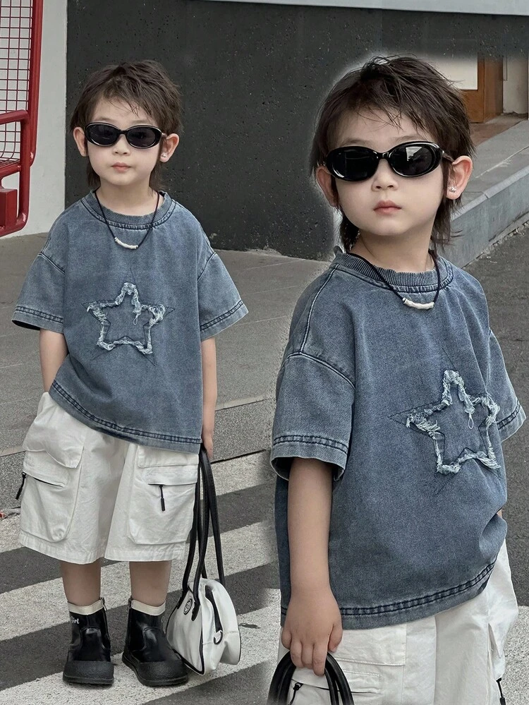 Kids Boy's Oversized Casual Denim T-Shirt With Star Print For Summer