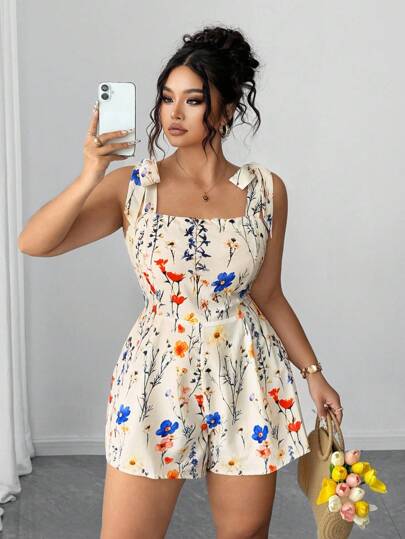 Elenzga 大码休闲印花系带无袖腰部收紧连体裤