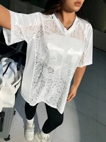 SHEIN EZwear 大尺碼女款蕾絲數字休閒透視上衣 - 白色 - 查看 5