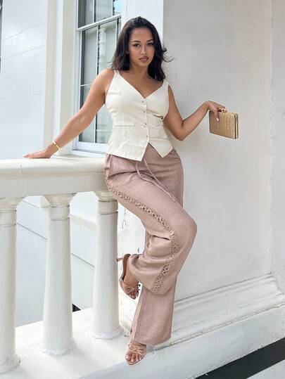 NegzBox Women's Denim Effect Linen Blend Pants With Lace Hem