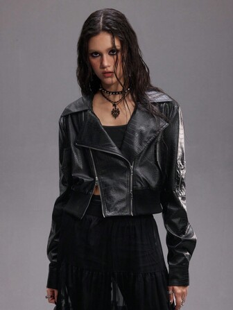 ROMWE EDITION Zipper Decor Deconstructed Hollow-Out PU Leather High Waist Super Short Motorcycle Jacket For Women