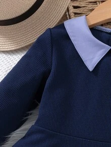 Elladie kids 女童休闲黑色撞色领腰针织连衣裙 - 藍色 - 查看 4