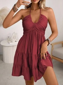 Breezaya 女士春夏单件竹结亚麻度假沙滩裙，波西米亚西部褶皱褶胸围分层蛋糕裙 A 字形露背可调节吊带蝴蝶结长裙 - 酒紅色 - 查看 6