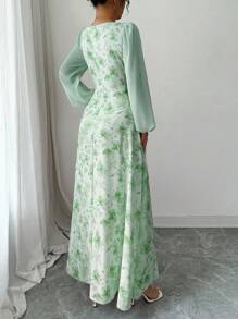 Modelyn Women's Printed Square Neck Long Sleeve Elegant Summer Dress Fall Cloth For Women - Green - View 2