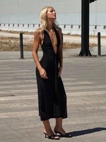 SHEIN ICON 春夏性感喇叭深 V 领挂脖瀑布腰带长连衣裙 - 黑色 - 查看 3