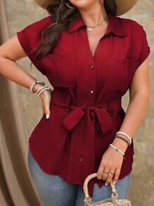 Roveilla 大码女式优雅法式通勤/度假纯色 V 领肩袖系腰 A 字短袖衬衫带金属纽扣装饰 - 紅色 - 查看 4
