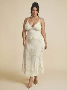 SHEIN BAE PLUS SIZE Women's Wedding Season Sexy Elegant Deep V Ruched Bust Embroidered Fitted Waist Romantic Embroidered Maxi Dress Honeymoon Outfits Woman Women Wedding Guest Dress Island Vacation Outfits Look Summer Dresses For Women Fall  Wedding Guest Dress Women Sun Dresses For Women Mother's Day Outfit/Halloween Plus Size/Back To School/Birthday Dresses For Women/Plus Size Dresses/Holiday Women Outfits/Rave Outfits/Off Shoulder/Elegant Dress,Homecoming Dress - Apricot - View 2