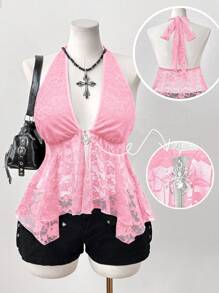 Sunspun 大码女式细肩带不对称 A 字蕾丝镂空透视蜘蛛装饰朋克复古休闲街头吊带背心，春夏