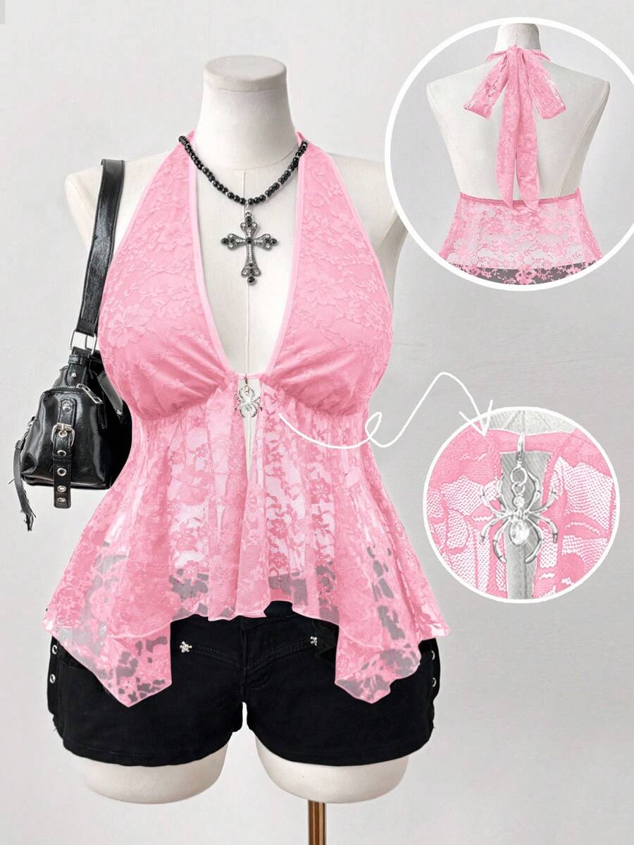 Sunspun 大码女式细肩带不对称 A 字蕾丝镂空透视蜘蛛装饰朋克复古休闲街头吊带背心，春夏