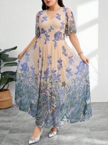 Modelyn Plus Size Women Floral Print V-Neck Puff Sleeve Elegant Dress - Multicolor - View 3