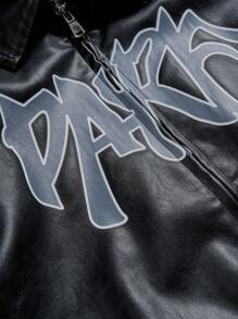 PAVTROS Men's Letter Graphic Street Casual PU Leather Jacket, Y2k, Letter Man Jacket, Personalize Ball Jacket , Fall Winter, Grunge - Black - View 5