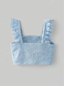 Ontre 青少年女孩褶饰细肩带短款上衣和百褶裙两件套服装，夏季休闲度假百搭套装，蓝色百褶裙，无袖花卉饰边上衣 - 淺藍色 - 查看 4