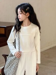 Genkimix Kids 青少年女孩纯色圆领长袖运动衫和运动裤休闲简约套装 - 米色 - 查看 3